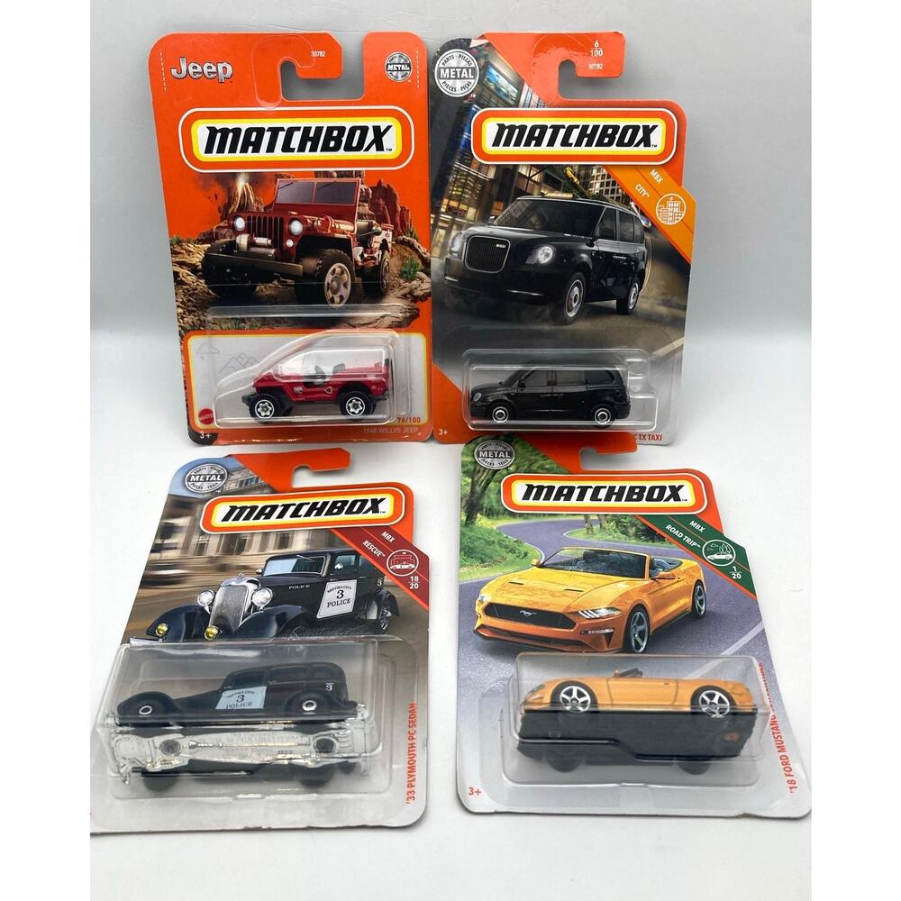 Matchbox Metal Series Car Lot Willys Jeep - 33 Plymouth - Mustang - Taxi - IOP
